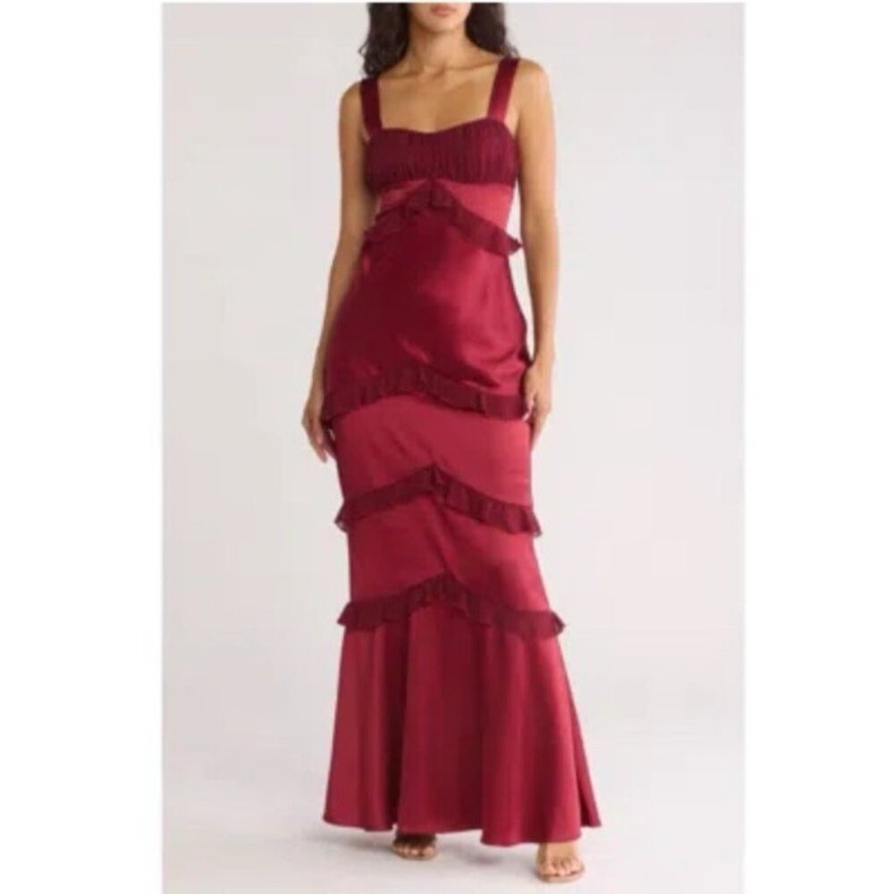 Area Stars Maxi Dress Party Romantic Tiered Ruffle Trim Long Sleeve Red L Large